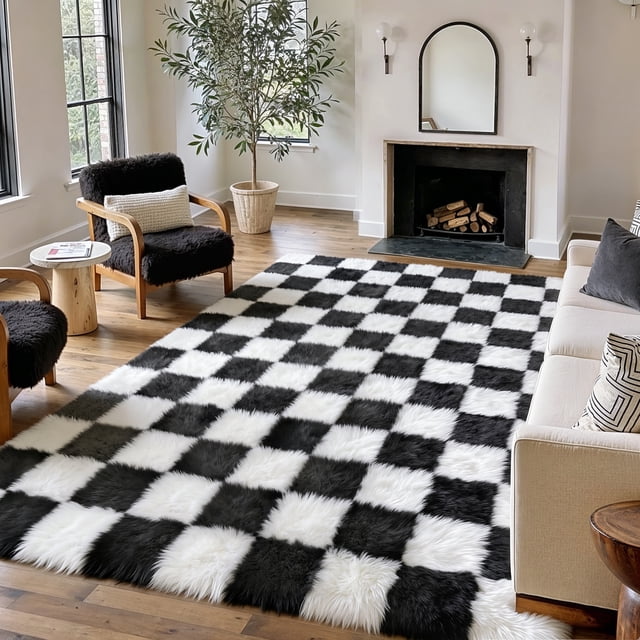 BERTHMEER 6'x9' Checkered Shag Area Rugs for Living Room Bedroom Geometric Plush Fluffy Modern Contemporary Indoor Rugs Fuzzy Carpets, Black White