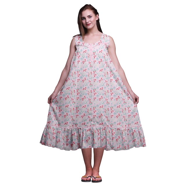Bimba Rose Cochon4 Fruits Flocon de Neige et Baies Rouges Mi-Mollet Vêtement de Nuit Femme Coton Imprimé Sans Manches Robe de Nuit Maxi Robe XX-Grand