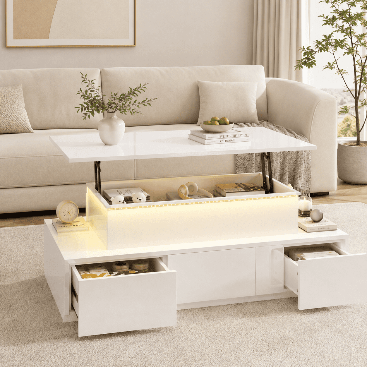 Homy Casa table basse blanche relevable avec 4 tiroirs, lumières LED et rangement caché pour salon
