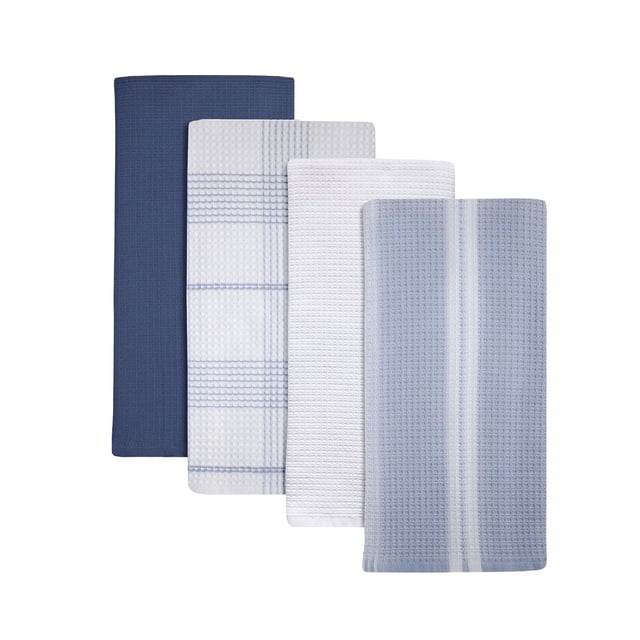 Better Homes & Gardens Kitchen Towel 4 pack of oversized 100% cotton woven towels in blue and white tones with varied textured patterns including solid, checkered, and striped, measuring 30 by 20 inches, ideal for drying dishes, wiping countertops, and cleaning spills.