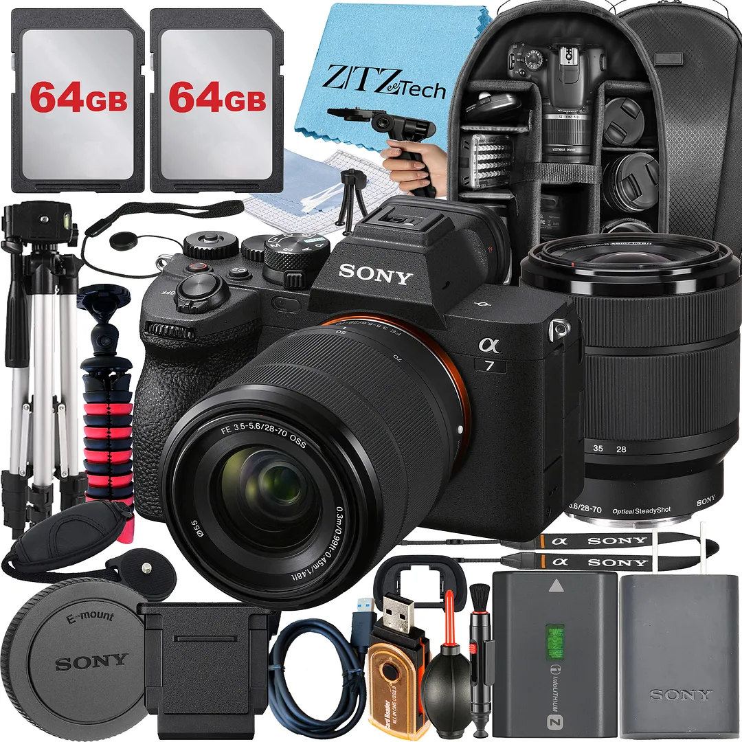 Sony Alpha a7 IV Mirrorless Digital Camera with FE 28-70mm Lens + 2 Pack 64GB Card + Case + Tripod + ZeeTech Accessory Bundle