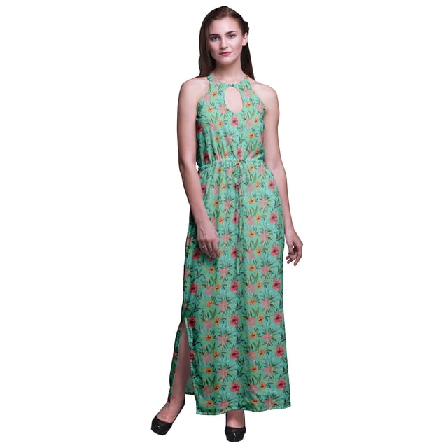Bimba Floral Ladies Crew Neck Waist String Print Maxi Dress with Side Slits Summer Wear-XX-Large