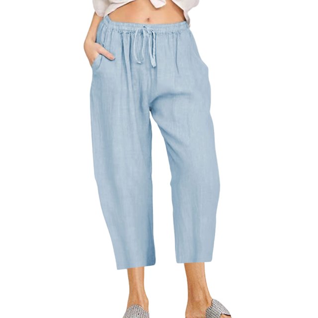 Innerwin Capri Pants Drawstring Women Pant Summer Straight Leg Baggy Bottoms Light Blue M