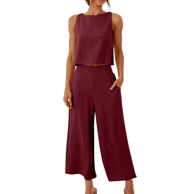 Birdeem Ensemble 2 Pcs Mode Femme Col Rond Uni Sans Manches Blouse + Pantalon Ample à Poches