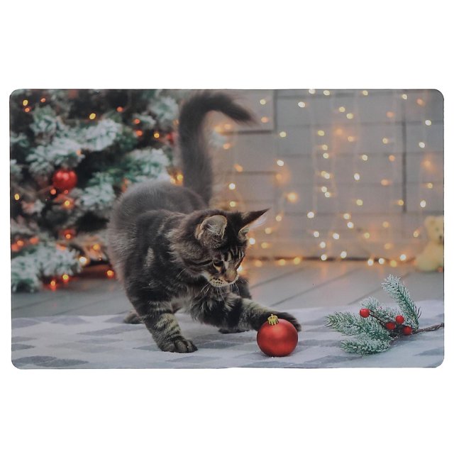 Plastic Placemat Playful Cat - Set of 12 featuring a durable plastic placemat printed with a tabby cat playing with a red Christmas ornament on a grey patterned surface, ideal for dining table linens and easy to clean with a damp cloth.