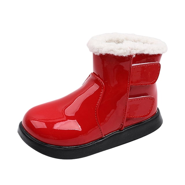 MIASHUI Bottes d'Hiver pour Filles Bottines d'Hiver Chaussures à Semelle Souple et Chaudes pour Bébé en Rouge, Conçues pour les Tout-Petits de 2,5 à 3 Ans. les Bottes Présentent un Extérieur Rouge Lustré avec un Bout Rond, une Doublure Blanche Douce et Épaisse pour la Chaleur, et une Semelle en Caoutchouc Noire Texturée pour une Durabilité Antidérapante. Deux Sangles Latérales à Crochet et Boucle Assurent un Enfilage et un Retrait Faciles. Convient à une Utilisation Intérieure et Extérieure, Y Compris les Sorties, la Randonnée Ou les Tenues Décontractées.
