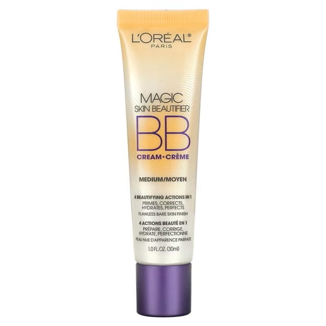 L'Oréal Paris Magic Skin Beautifier BB Cream 30 mL tube in Medium shade with beige-to-white gradient and purple cap, delivering 4 beautifying actions: primes, corrects, hydrates, and perfects skin for a flawless, even complexion and all-day moisture.