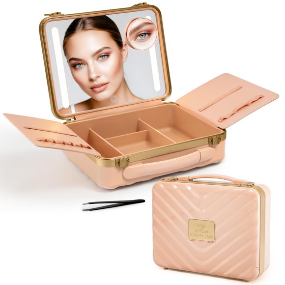 NJ GLAM Trousse de Maquillage de Voyage avec Miroir LED - Trousse de Maquillage Durable avec Miroir Éclairé avec 3 Réglages de Lumière - Trousse de Maquillage Rechargeable avec Miroir Lumineux - Mini Miroir 10x Inclus
