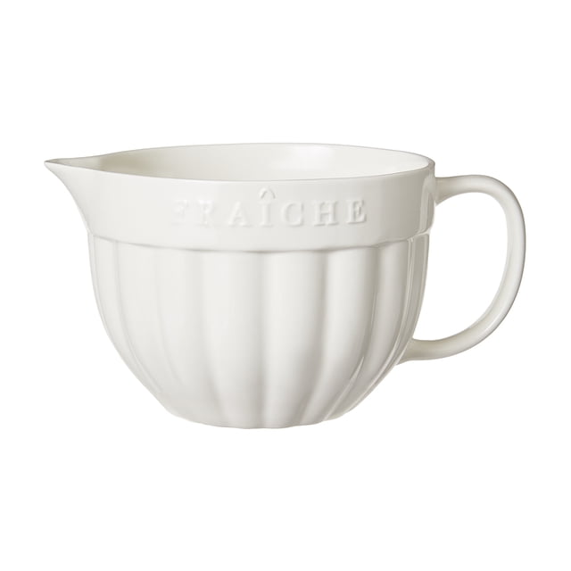 White ceramic Fraiche ribbed mixing bowl featuring a handle, pouring spout, and embossed brand name on the rim.