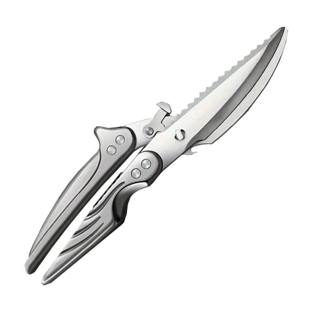 axGear Ciseaux de Cuisine Cisailles Robustes Ultra Tranchantes en Acier Inoxydable Coupe Multifonction. Ces Cisailles de Cuisine en Acier Inoxydable Présentent un Bord Courbé Tranchant pour Couper la Viande, la Volaille, les Os de Poulet et le Poisson. la Poignée Ergonomique en Aluminium Offre une Prise Confortable, et le Verrou de Sécurité Assure un Rangement Sécurisé. Comprend un Ressort à Rebond Automatique pour une Utilisation Sans Effort et un Bord Dentelé pour Enlever les Écailles de Poisson.