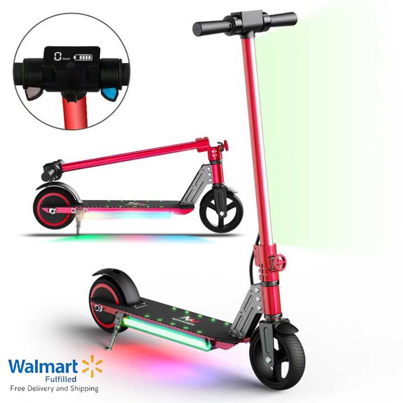 WEELMOTION Trottinette Électrique Pliable Classique Rouge pour Enfants, Moteur 150W, Lumière de Guidon avant, Lumière Frontale, Grand Écran LED, Système de Freinage Double, Lumières Multicolores Brillantes sur la Pédale - Certifiée UL2272