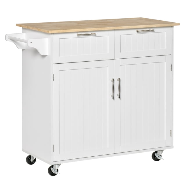 HOMCOM Rolling Kitchen Island with Storage Cabinet, Drawers, Towel Rack white two-tone mobile kitchen island with rubberwood countertop, two drawers, enclosed cabinet with adjustable shelf, towel rack and four casters (two locking); overall 40.9" L x 18.1" W x 35.8" H (104 x 46 x 91 cm). Often used as a mobile bar cart or prep station.