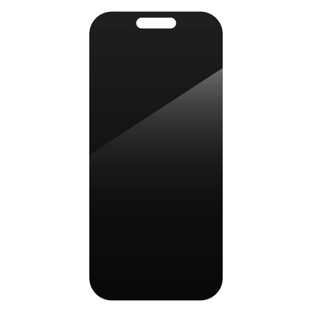 ZAGG InvisibleShield Glass Elite 2-Way Privacy Screen Protector for iPhone 16/15 shown as a front-facing black tempered aluminosilicate glass screen with a top cutout for sensors, featuring a 2-way privacy filter blocking side views and ClearPrint technology to reduce fingerprints, designed for easy dust-free installation and durable scratch protection.