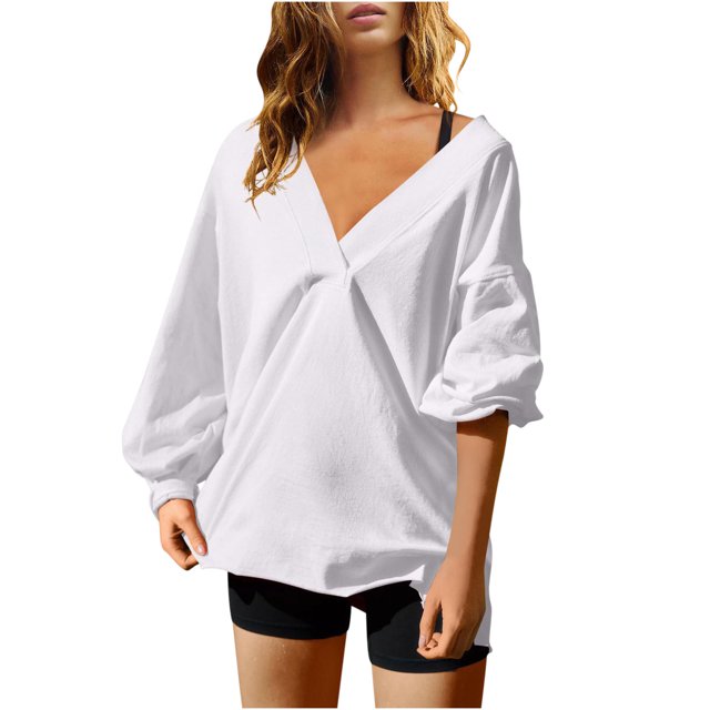 MeetoTime Oversized Long Sleeve Pullover for Women Fall Trendy V-Neck Loose Solid Color Sweatshirt Tops
