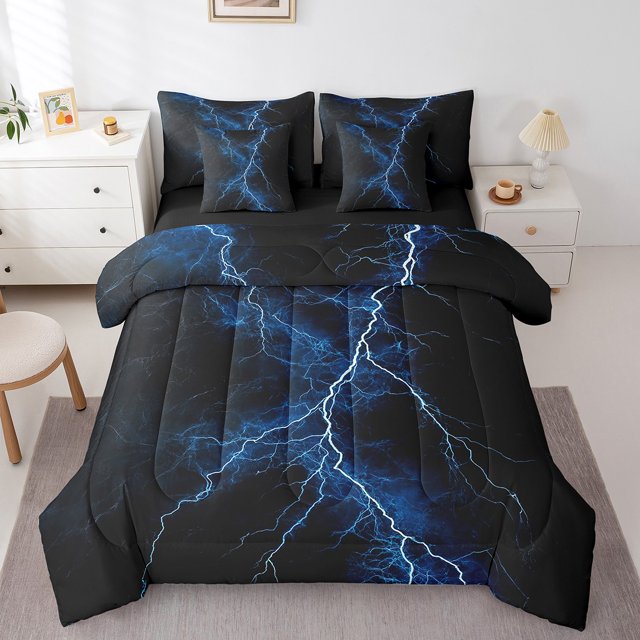 7 Pcs Lightning Comforter Set with a modern blue lightning 3D print design on black bedding. Includes a comforter, fitted sheet, flat sheet, two pillowcases, and two throw pillow covers. Twin size set ideal for toddler bedding, displayed in a minimalist bedroom with white furniture and neutral decor.