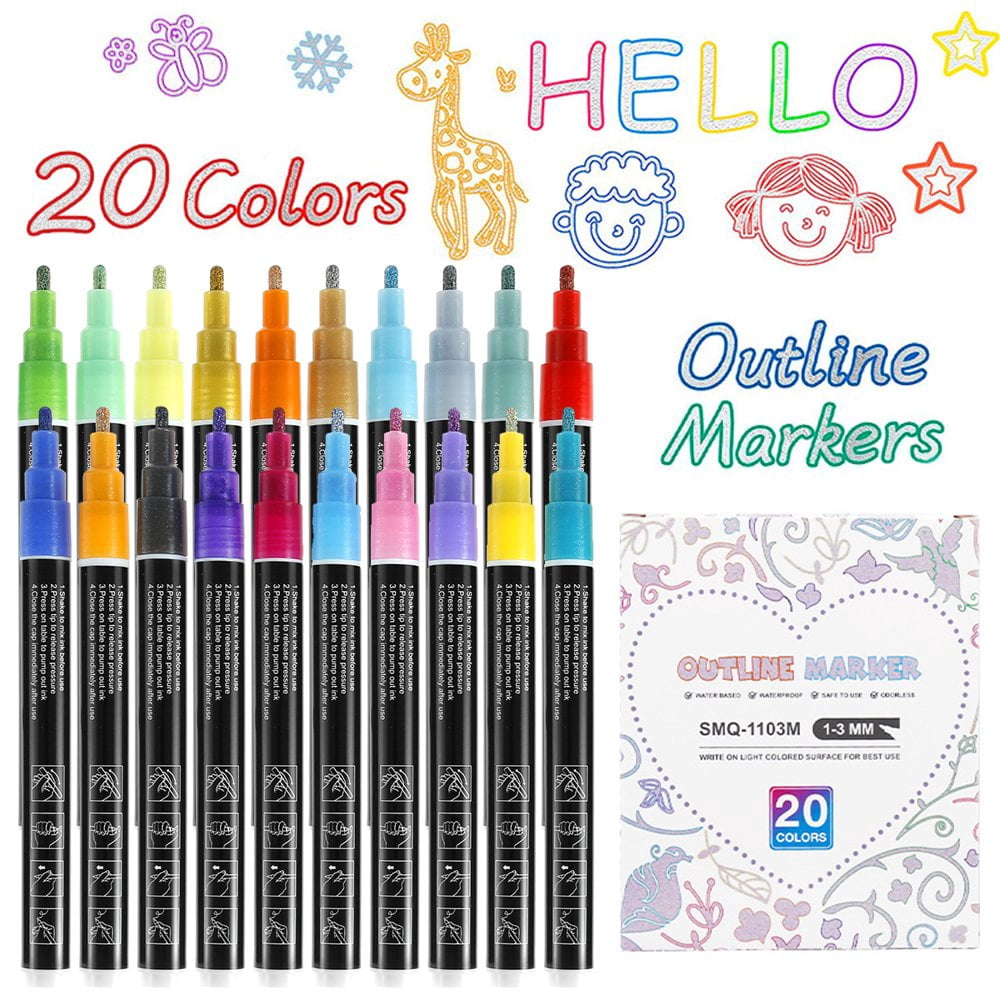 Outline Markers Pens Super Squiggles Outline Markers  Shimmer Markers 20 Colors Double-line Shimmer Markers Plastic Self Outline Pens Set