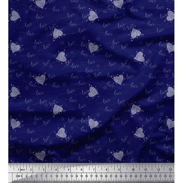 Soimoi Blue Moss Georgette Fabric Heart & Love Text Printed Fabric 1 Yard 42 Inch Wide