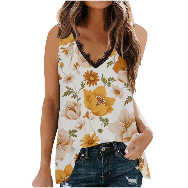 Cameland Débardeur Blouse Sans Manches à Col en V en Dentelle Patchwork Imprimée pour Femme