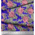 thumbnail image 3 of Soimoi Tissu Georgette Viscose Bleu Imprimé Feuilles & Roses au Mètre 42 Pouces de Large, 3 of 3