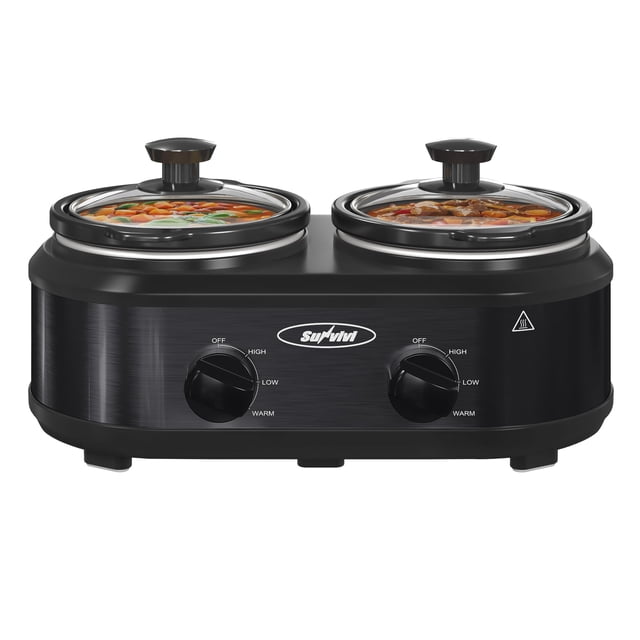 Sunvivi Double Slow Cooker,2 Pot Small Mini Crock Buffet Servers and Warmer,Dual Pot Oval Manual Slow Cooker with Adjustable Temp Removable Ceramic P