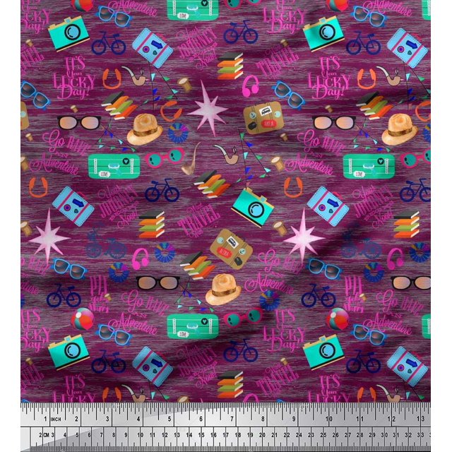 Soimoi Modal Satin Fabric Camera,Hat & Briefcase Travel Print Fabric by The Yard 42 Inch Wide