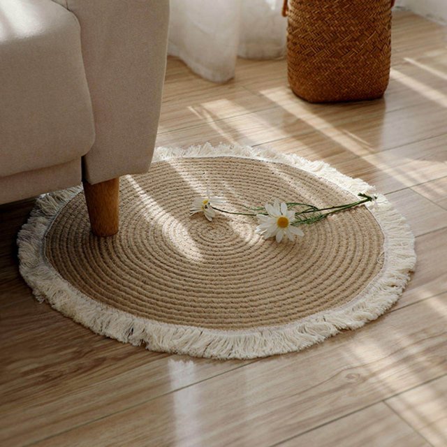 Langgg Soft Jute Area Rug Braided Footcloth Braided Design Round Jute Area Woven Tassel Design for Study Throw Rug Floor Mat 80cm