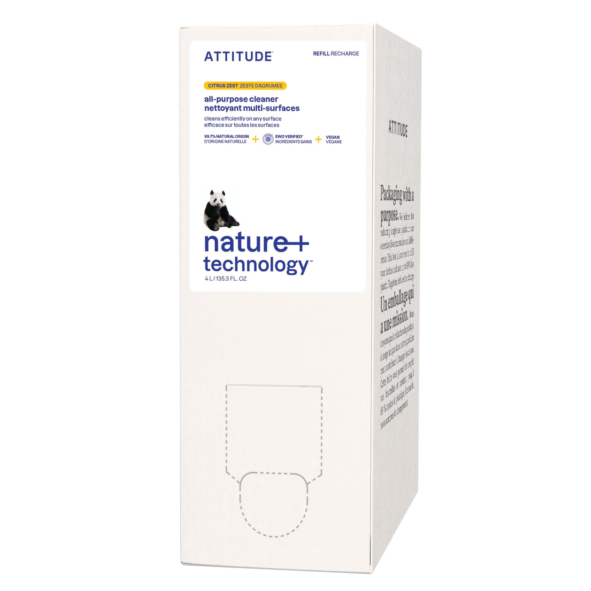ATTITUDE All Purpose Cleaner Refill, EWG Verified, Plant-Based & Vegan, Multi-Surface Cleaning Spray, Citrus Zest Scent, 135.26 Fl Oz