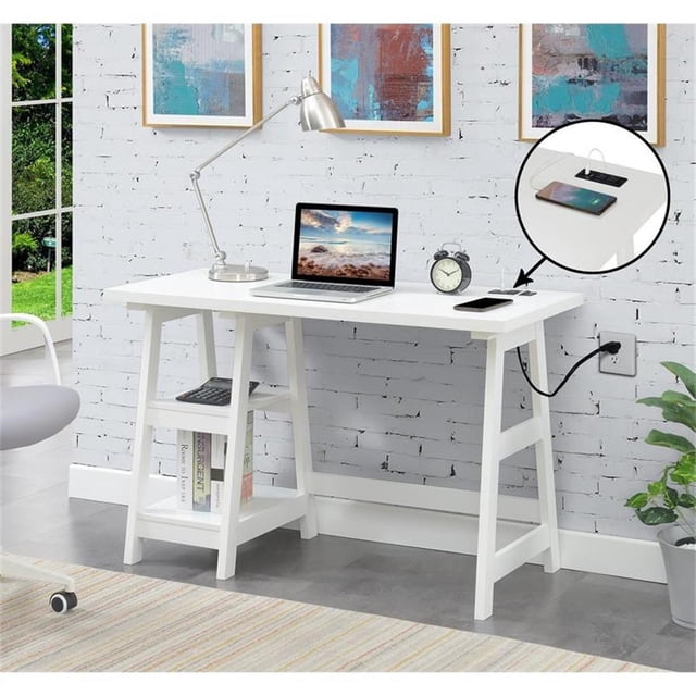 Designs2Go Bureau Tréteau avec Station de Recharge, Fini Bois Blanc
