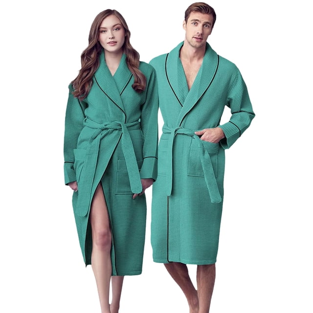Canadian Linen Women Shawl Collar Terry Waffle Bathrobes in teal, crafted from 100% soft cotton with a shawl collar, adjustable waist belt, and two large front pockets. The lightweight, absorbent material is perfect for lounging, spa use, or post-shower comfort. Displayed in a front-facing view, worn by a woman and a man, showcasing the waffle texture and designer piping.