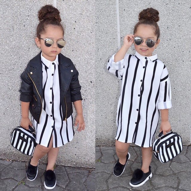 Robe Rayée pour Tout-Petites Filles Enfant Décontractée à Manches Longues avec Boutons Robe Chemise Vêtements