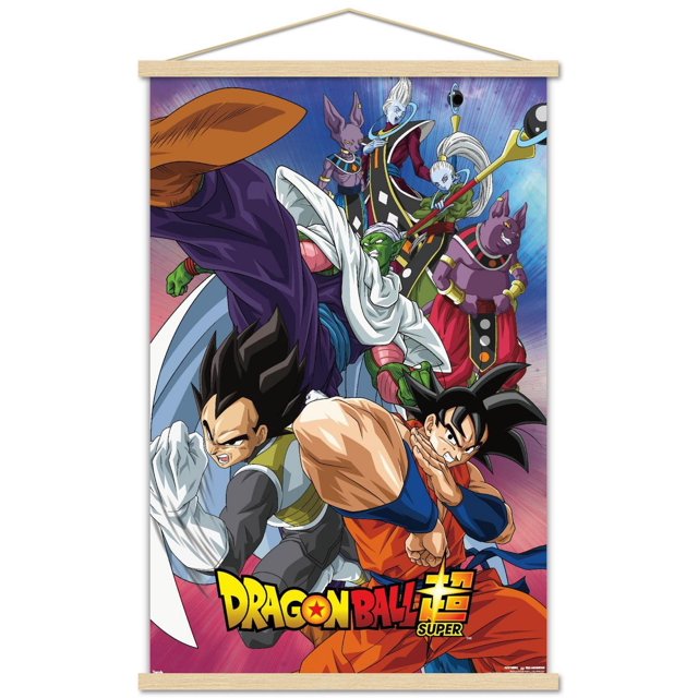 Dragon Ball : Affiche Murale Super - Groupe, 14,725 Po x 22,375 Po art Mural Encadré Mettant en Vedette les Personnages Principaux de Dragon Ball Super, Dont Goku en gi orange, Vegeta en Armure Bleue et Grise, Piccolo en cape Blanche et Tenue Violette, et d'Autres en costumes Colorés sur un Fond vibrant, Parfait pour la Déco de la Maison et les collections de Fans.