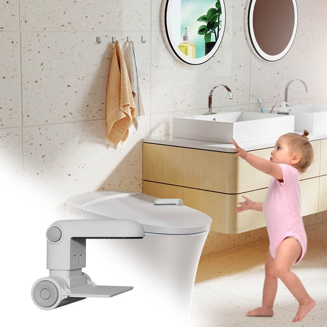 EGNMCR bathroom toilet lock designed to prevent babies and pets from opening the toilet lid. This childproof toilet lock features a sleek, adjustable design suitable for most standard toilet lids, shown in a modern bathroom setting with dual sinks and beige cabinetry. Easy to install without tools, it ensures durability for daily use.