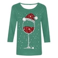 thumbnail image 4 of Hauts d'Été pour Femmes Noël Verre de Vin Rouge Imprimé Col Rond Manches Trois-Quarts T-Shirts Surdimensionnés pour Femmes Vert TTG, 4 of 4