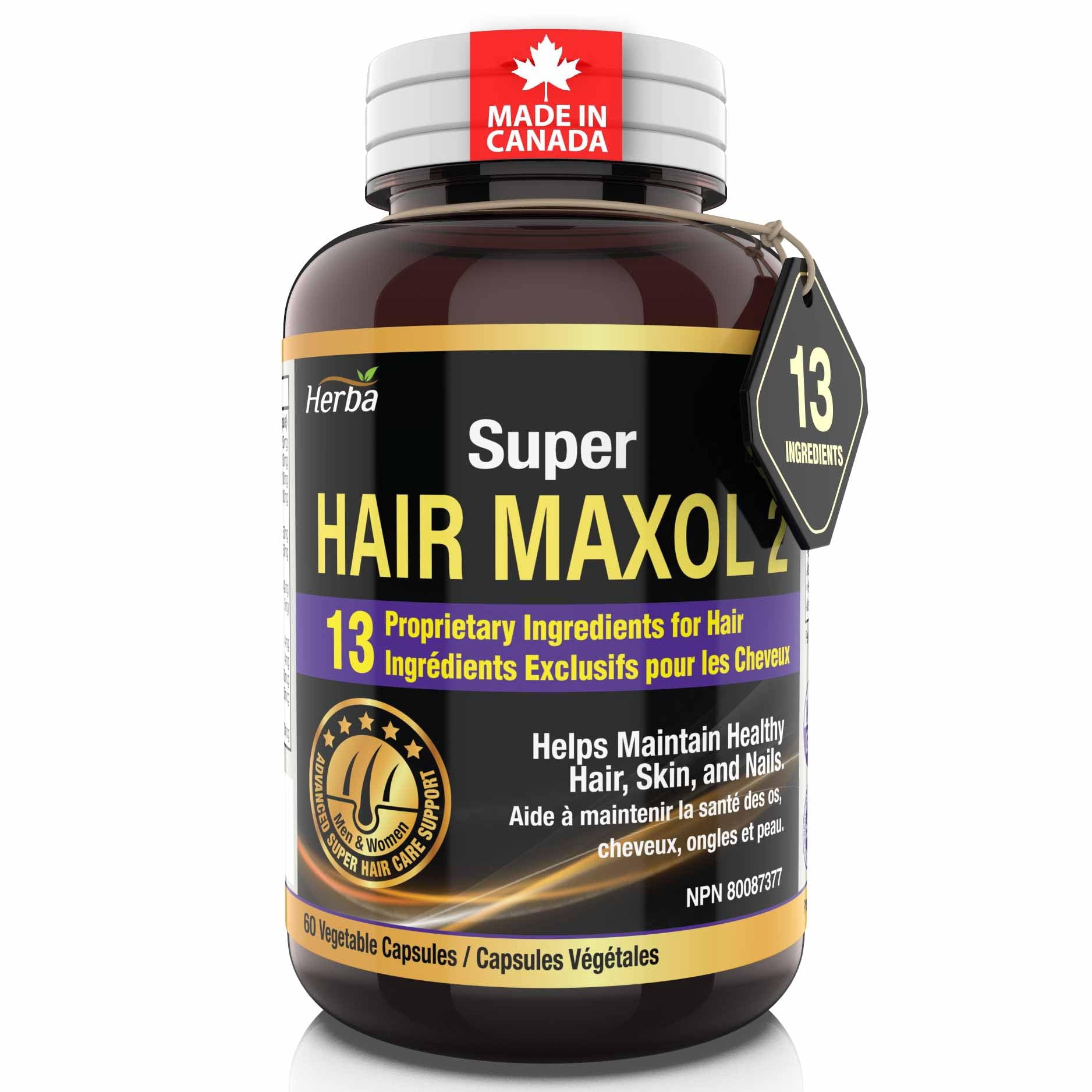 Herba Hair Maxol 2 - 60 Capsules | 13 Natural Ingredients to Help Maintain Healthy Hair for Men & Women | Made in Canada