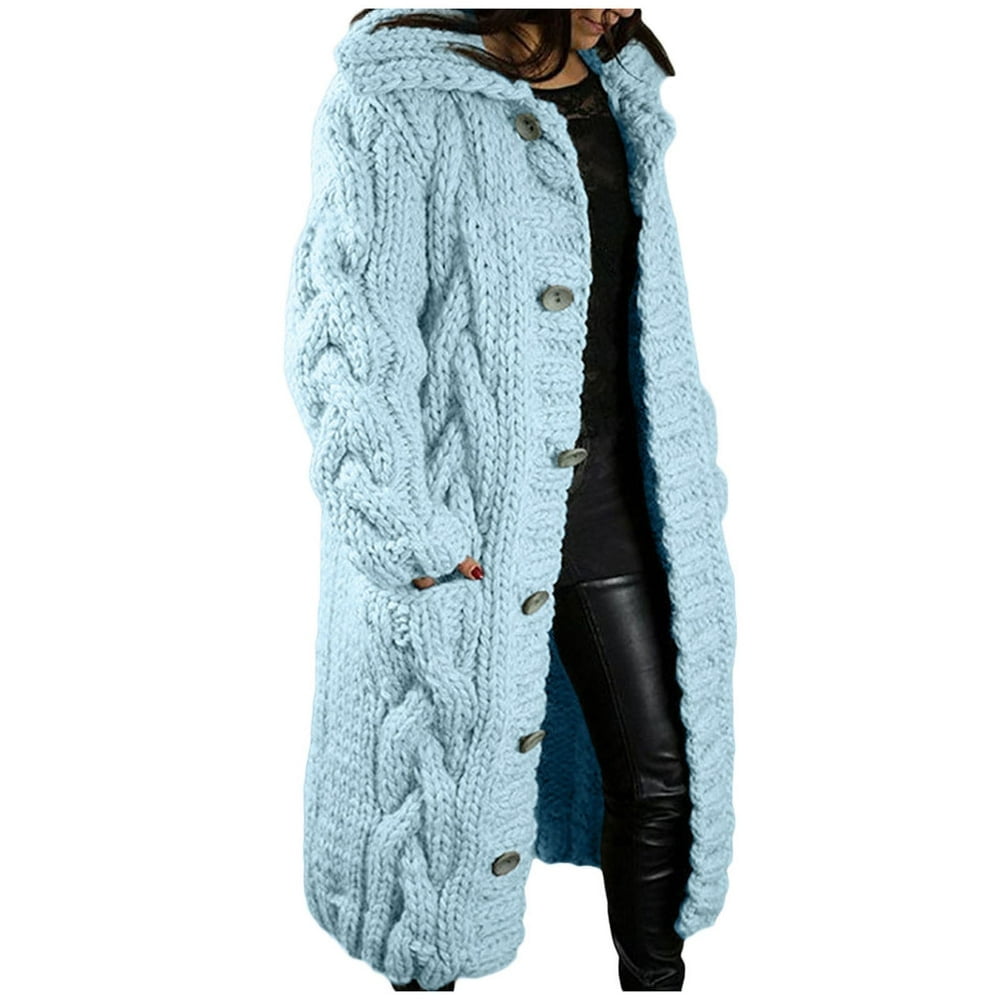 Women‘s Long Large Classic Cardigans Cable Knit Hood Sweater Oversized Button Duster Coat with Pocket 2024