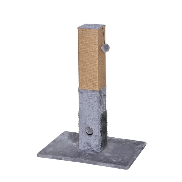 Vibrant Life 31.5" Natural Jute & Plush Covered Cat Scratching Post with Massager & Toys, Gray&Brown, featuring a tall rectangular post wrapped in natural jute rope on the upper half and gray plush fabric with a built-in massager brush on the lower half, mounted on a wide gray plush base, including a hanging gray plush ball toy and a peek-a-boo hole toy for cat entertainment and nail care.