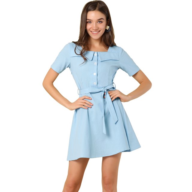 INSPIRE CHIC Robe Mini à Manches Courtes avec Col Carré et Boutons Décoratifs pour Femmes