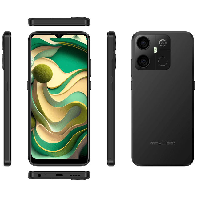 Maxwest Gravity G64 unlocked smartphone in black, showcasing a 6.5-inch 60Hz HD+ IPS display, 128GB storage with 8GB dynamic RAM (4GB+4GB), and an octa-core processor. Features include a 16MP AI rear camera, 8MP AI front camera, 4000mAh battery, fingerprint sensor, face unlock, and AI-enhanced scenery detection. Displayed from various angles, emphasizing its slim metal design and dual-SIM functionality.