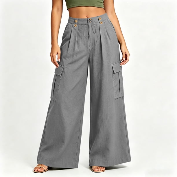 Brqkzdu Cotton Linen Cargo Pants for Women Soft Wide Leg Elastic
