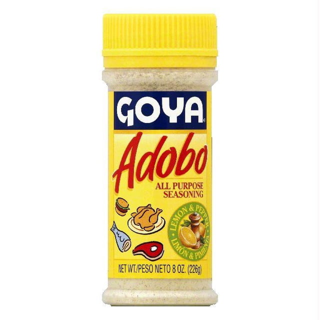 GOYA ADOBO W/ LEMON 8 oz (227 g) clear plastic jar, front-facing, labeled all-purpose lemon and pepper seasoning with yellow label and black screw cap; fine granular mix visible against a white studio background; often used as a finishing seasoning for grilled chicken or as a citrus pepper rub for fish.