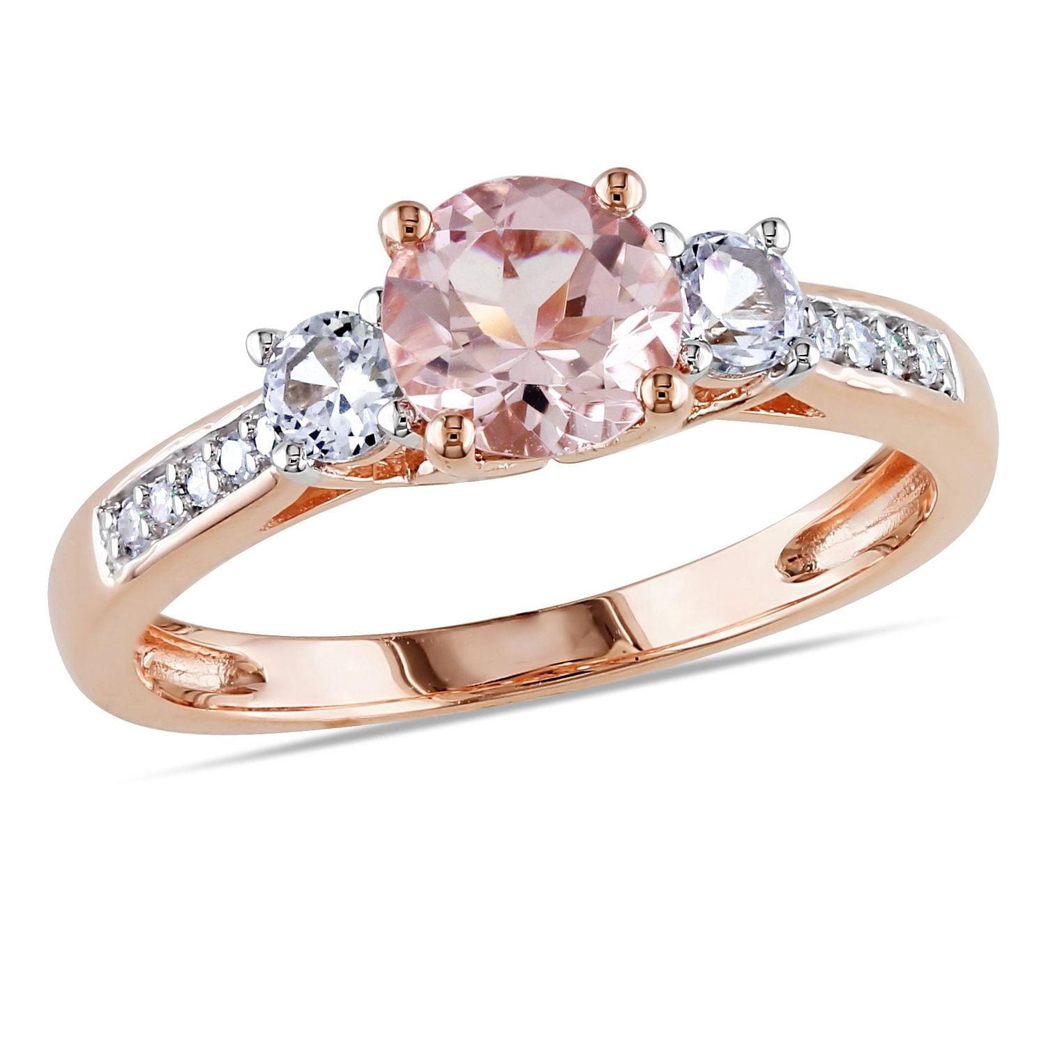 Bague à trois pierres Tangelo avec accents de diamants, saphirs blancs synthétiques et morganite 1,14 ct PBT en or rosé 10k