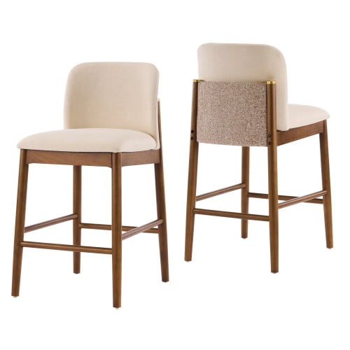 2-Piece Counter Stools, Solid Rubber Wood Frame, Dual Textured Upholstery, Gold Accents, Ergonomic Bar Stools with Footrest for Kitchen Home Bar
