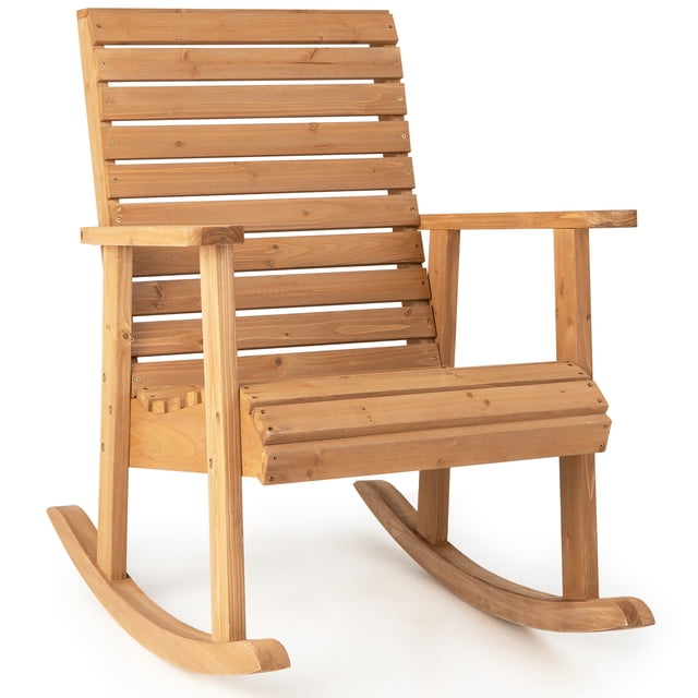Costway Patio Wooden Rocking Chair High Back Fir Wood Armchair Natural Garden Yard. This outdoor rocking chair features a natural fir wood construction with a slatted high backrest, wide armrests, and a curved seat for ergonomic comfort. The balanced rocking base ensures safe and gentle rocking. Its natural finish allows for customization with paint to match indoor or outdoor decor. Dimensions: 33 inches long, 26 inches wide, and 33 inches high. Suitable for porches, patios, gardens, or indoor use.
