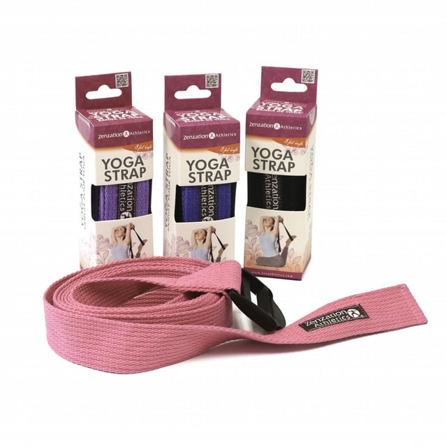 Zenzation 8' Yoga Strap in pink premium webbing with adjustable black plastic buckle, coiled in front of three boxed yoga straps in purple, blue, and black packaging labeled 'Yoga Strap' by Zenzation Athletics, suitable for enhancing stretching and flexibility in yoga and fitness exercises.