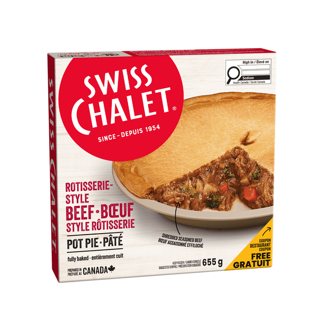 Swiss Chalet Rotisserie Style Beef Pot Pie in a box showing a fully baked pie with golden crust filled with tender rotisserie-style beef, broccoli, carrots, and potatoes in sauce au jus, weighing 655 g, prepared in Canada, ideal for a convenient frozen meal.
