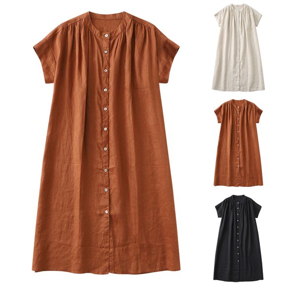 Gspmoly Womens Dress, Women'S Ramie Round Neck Floral Women'S Dress with Waist Slim and Flowing Long Skirt Cardigan Skirt Cocktail Dresses Holiday Gifts