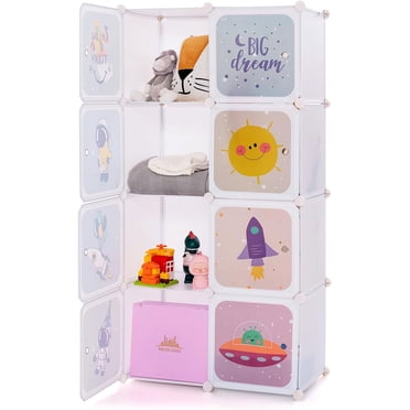 INFANS Children Wardrobe, Kid Closet Portable Baby Dresser Cute for Kids Bedroom Nursery Armoire with Doors 12 Cube 2 Hanging Sections, Kid Clothes Storage Organizer (Blue, 8 Cubes)