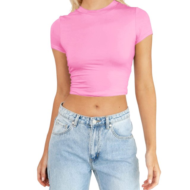 JIRNDf Hauts pour Femmes T-Shirts d'Été Tendance Mode Manches Courtes Mignon Court Basique Col Rond Coupe Ajustée Blouse pour Femmes Tunique Décontractée Hauts Rose m