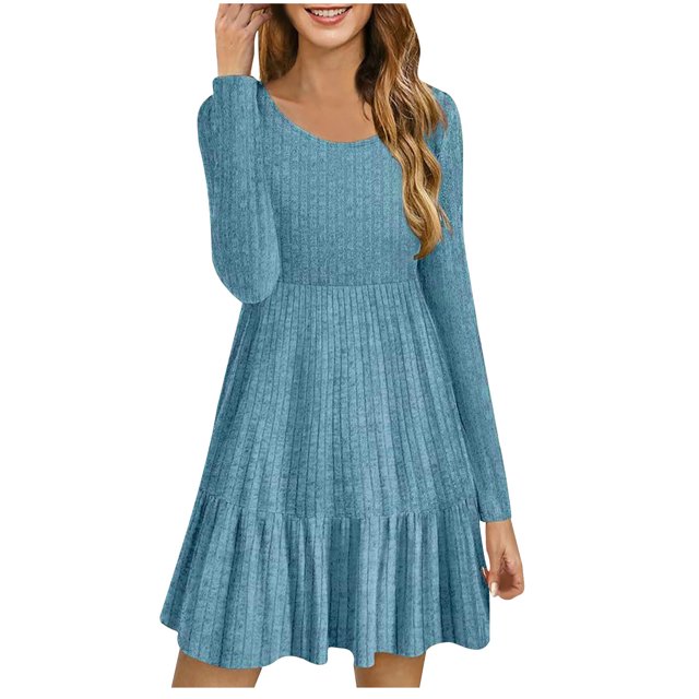 cfhntfmh Robe Chandail à Manches Longues pour Femmes Robe Mini en Tricot Doux à Manches Longues Décontractée d'Automne Col Rond Robe Moulante Côtelée