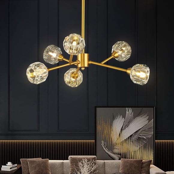 Weesalife Lustres Sputnik pour Salle à Manger Luminaire au-Dessus de la Table, Lustres Modernes en Cristal, 6 Lumières Luminaires Dorés pour Salon Chambre Îlot de Cuisine